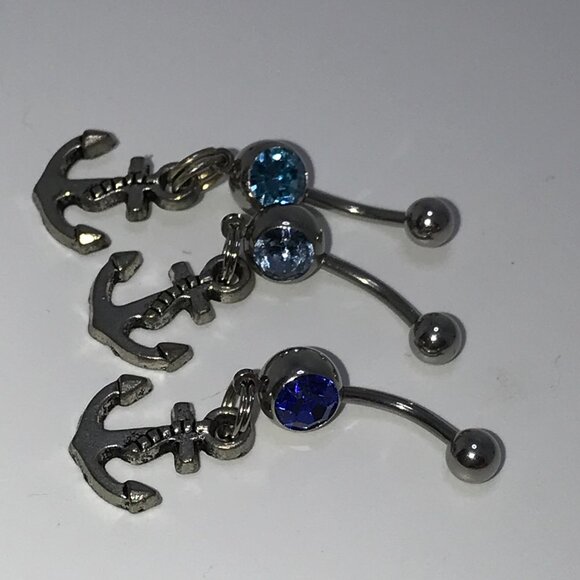 Small Anchor with Light Blue Gem Dangle Belly Ring - Picture 11 of 13